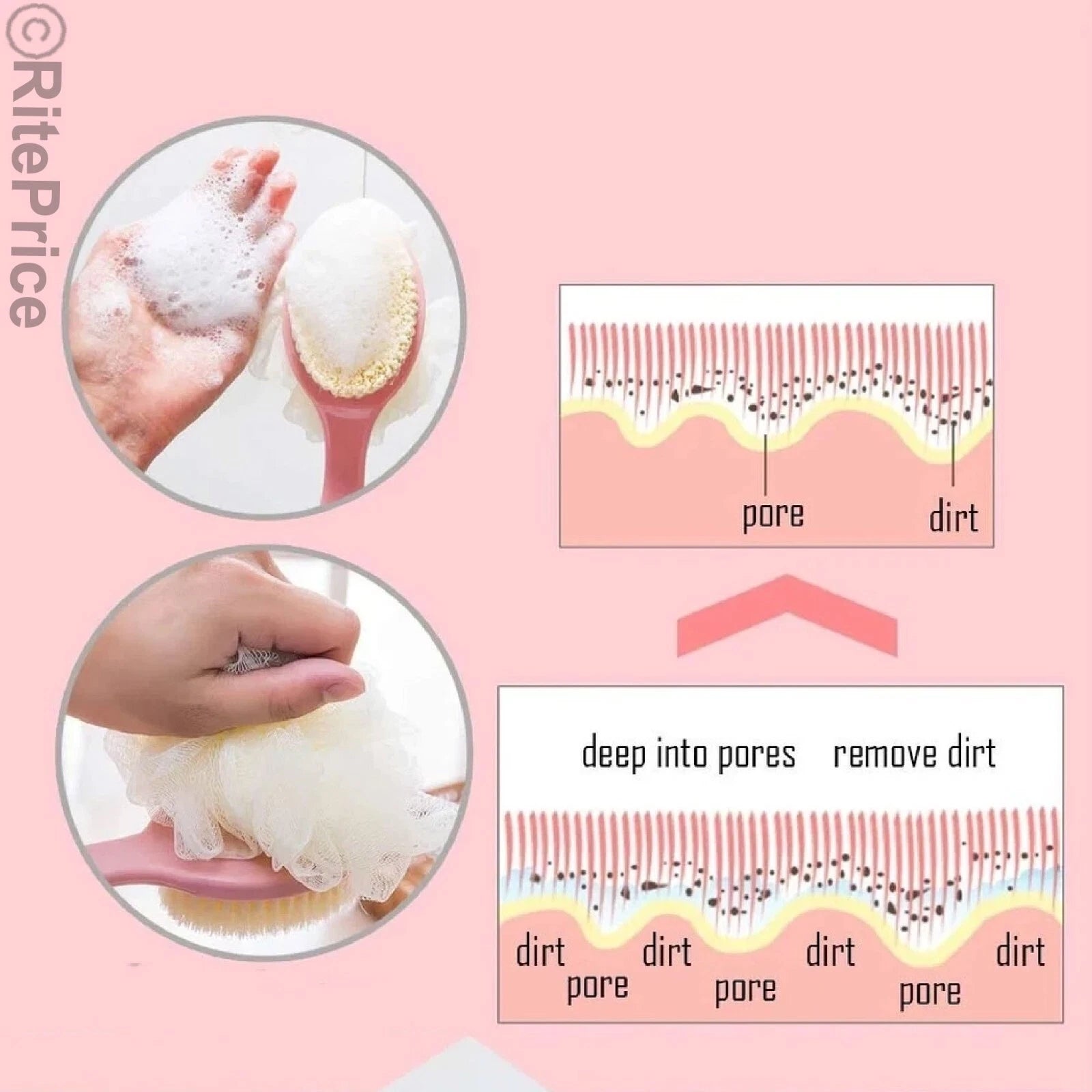 Bath Body Brush Soft Bristles & Loofah (1 Pack) Back Scrubber Plastic Handle-New