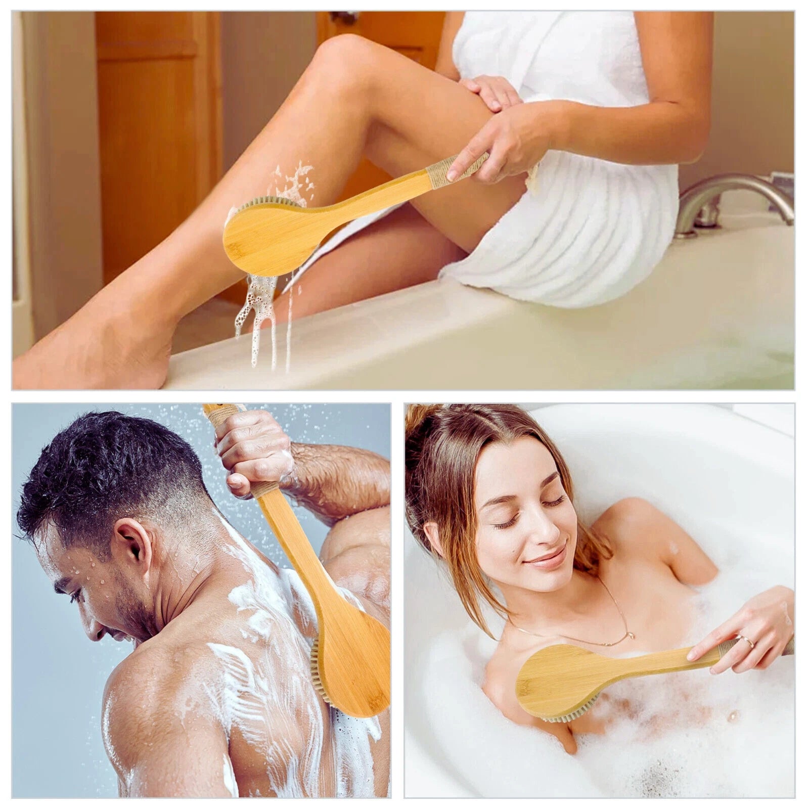 Long Handle Bath Brush Natural Bristles Body Back Shower Washing Scrubber