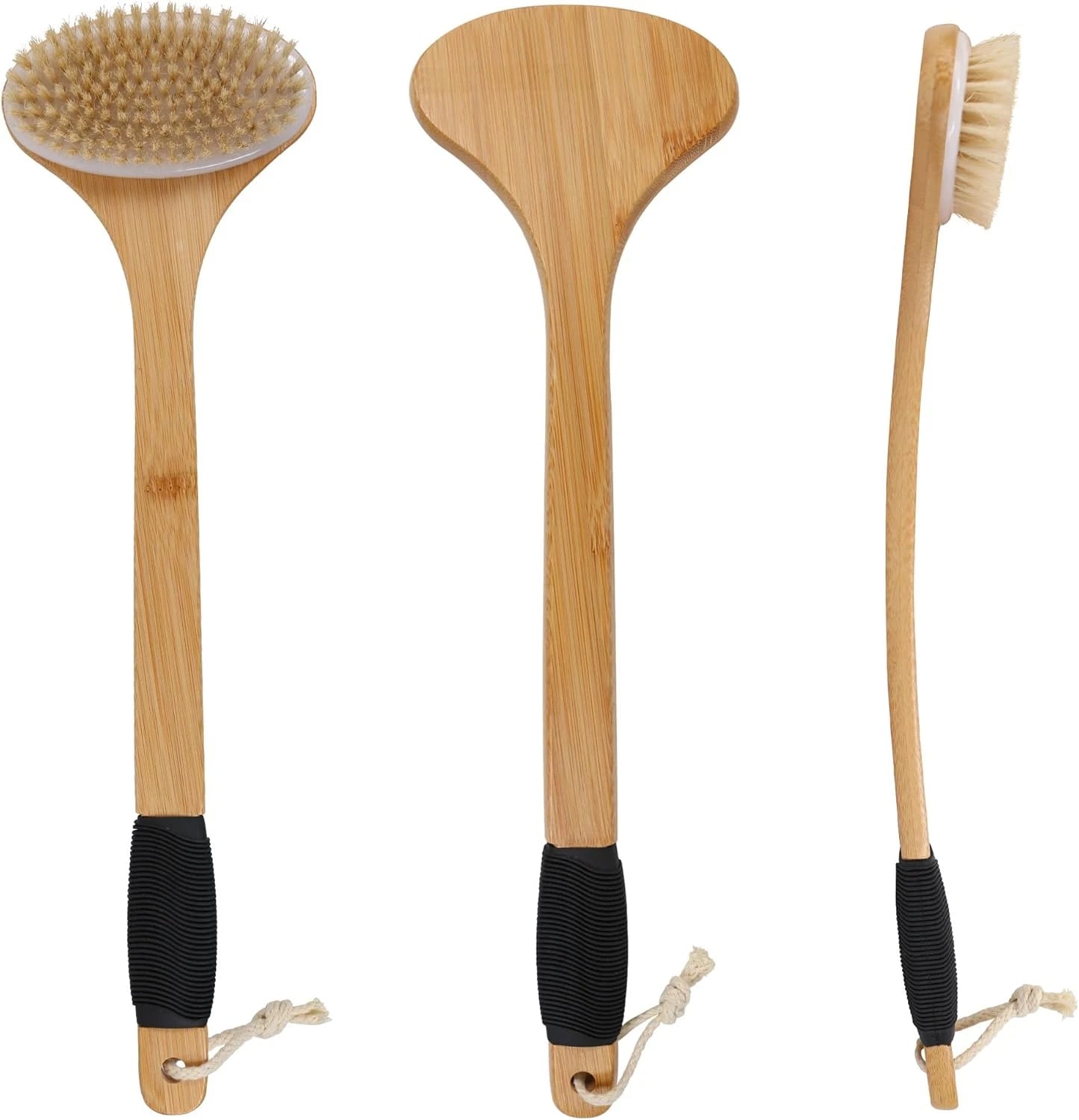 Back Scrub Brush for Shower,Stiff Boar Bristles Bamboo Curved Long Handle Antisk