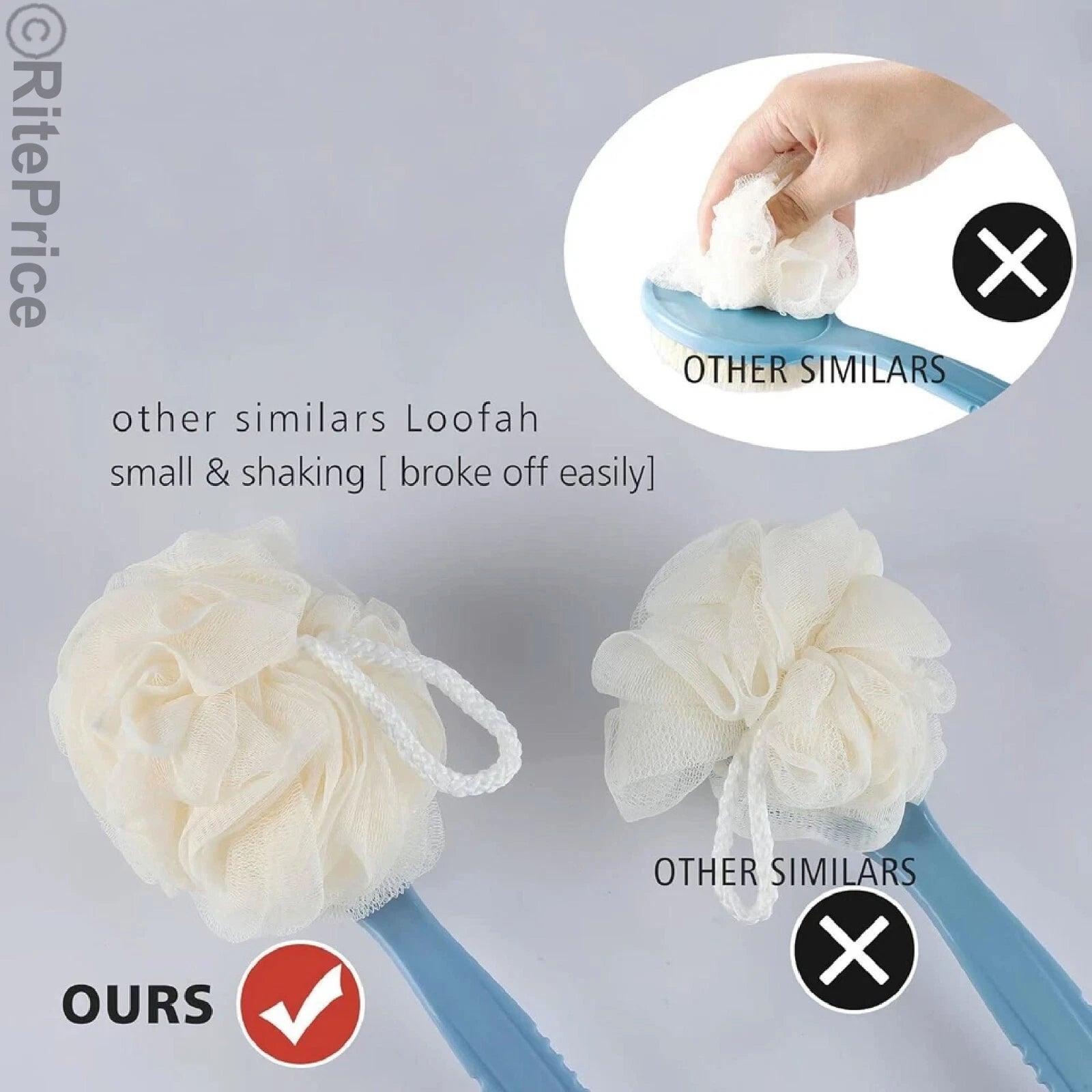 Bath Body Brush Soft Bristles & Loofah (1 Pack) Back Scrubber Plastic Handle-New