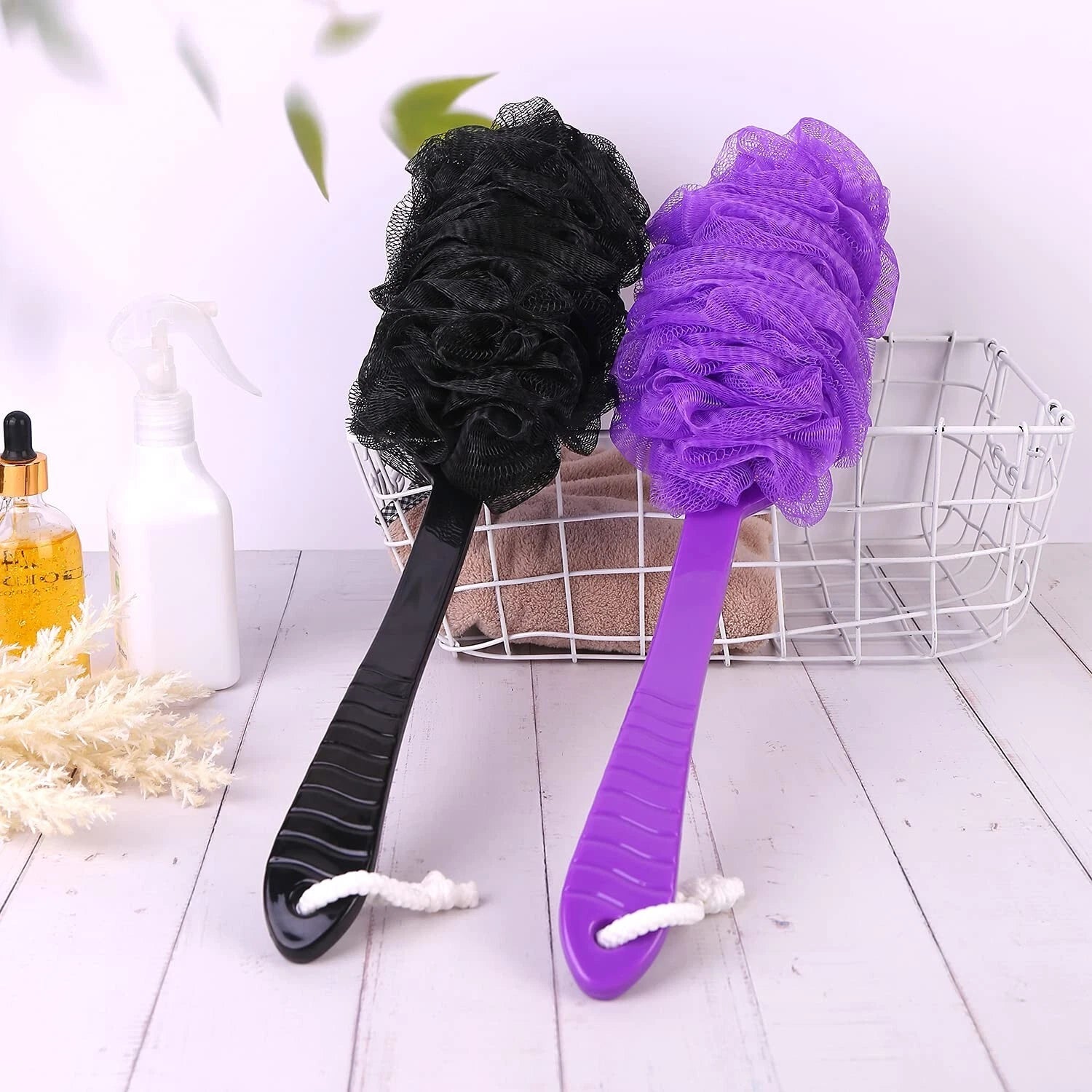 Back Scrubber Brush Long Handle for Shower, Loofah On a Stick Sponge Back Bru...