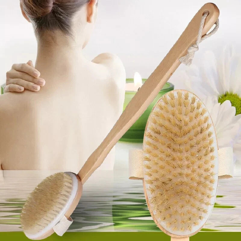 Shower Body Brush Extra Long Handle Natural Wooden Bath Back Massage Scrubber