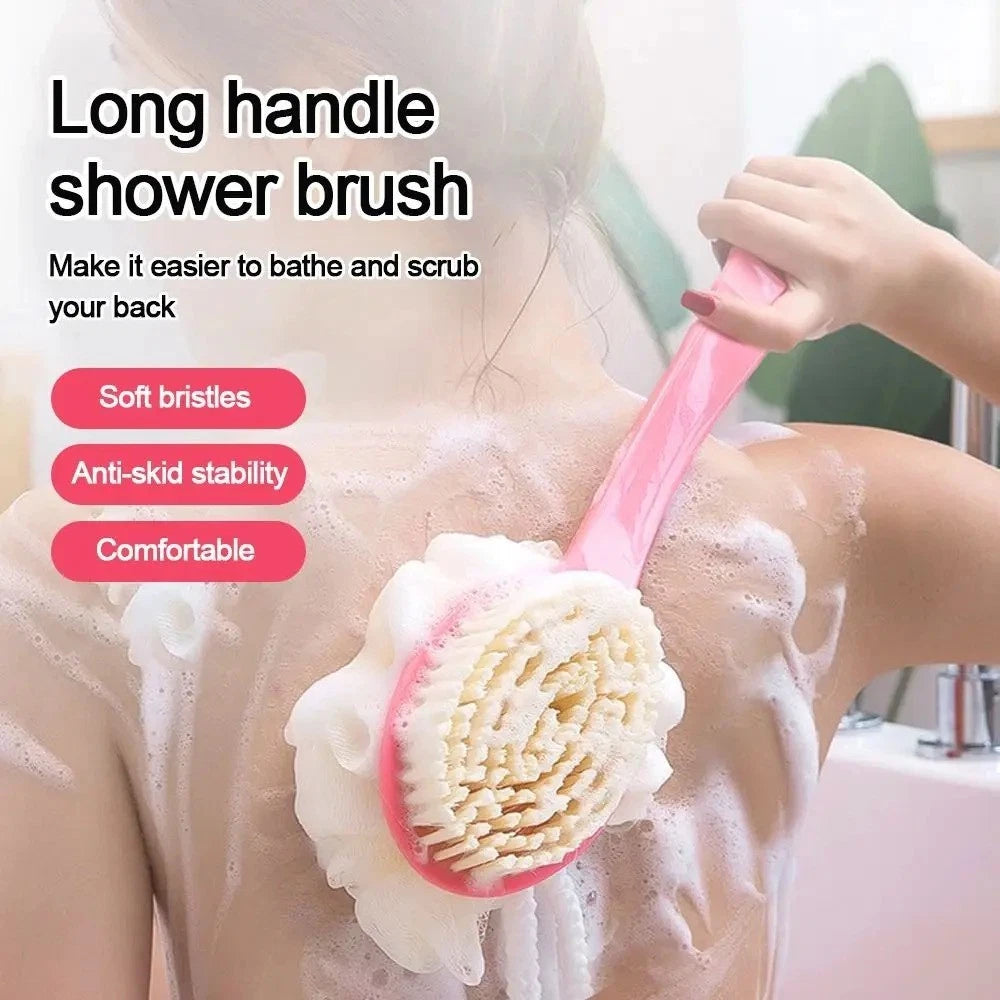 2in1 Long Handled Bath Shower Brush Bristles Exfoliation Cleansing Back Scrubber