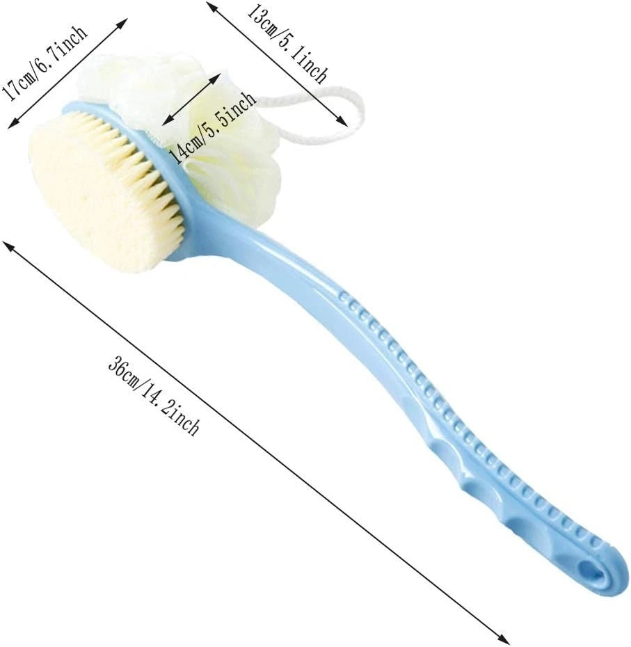 2in1 Long Handled Bath Shower Brush Bristles Exfoliation Cleansing Back Scrubber