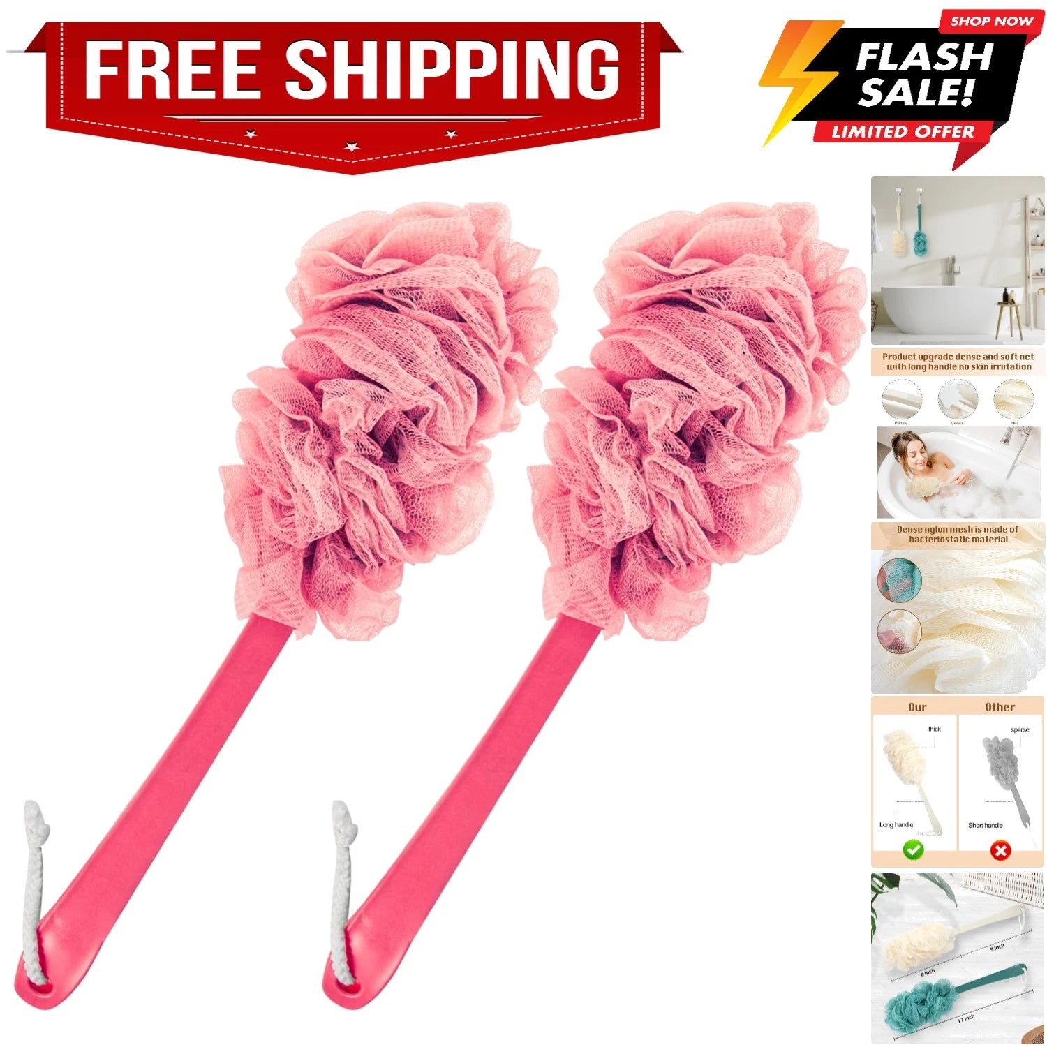 2Pack Back Scrubber for Shower, Loofah Sponge Shower Brush Using Body Exfolia...