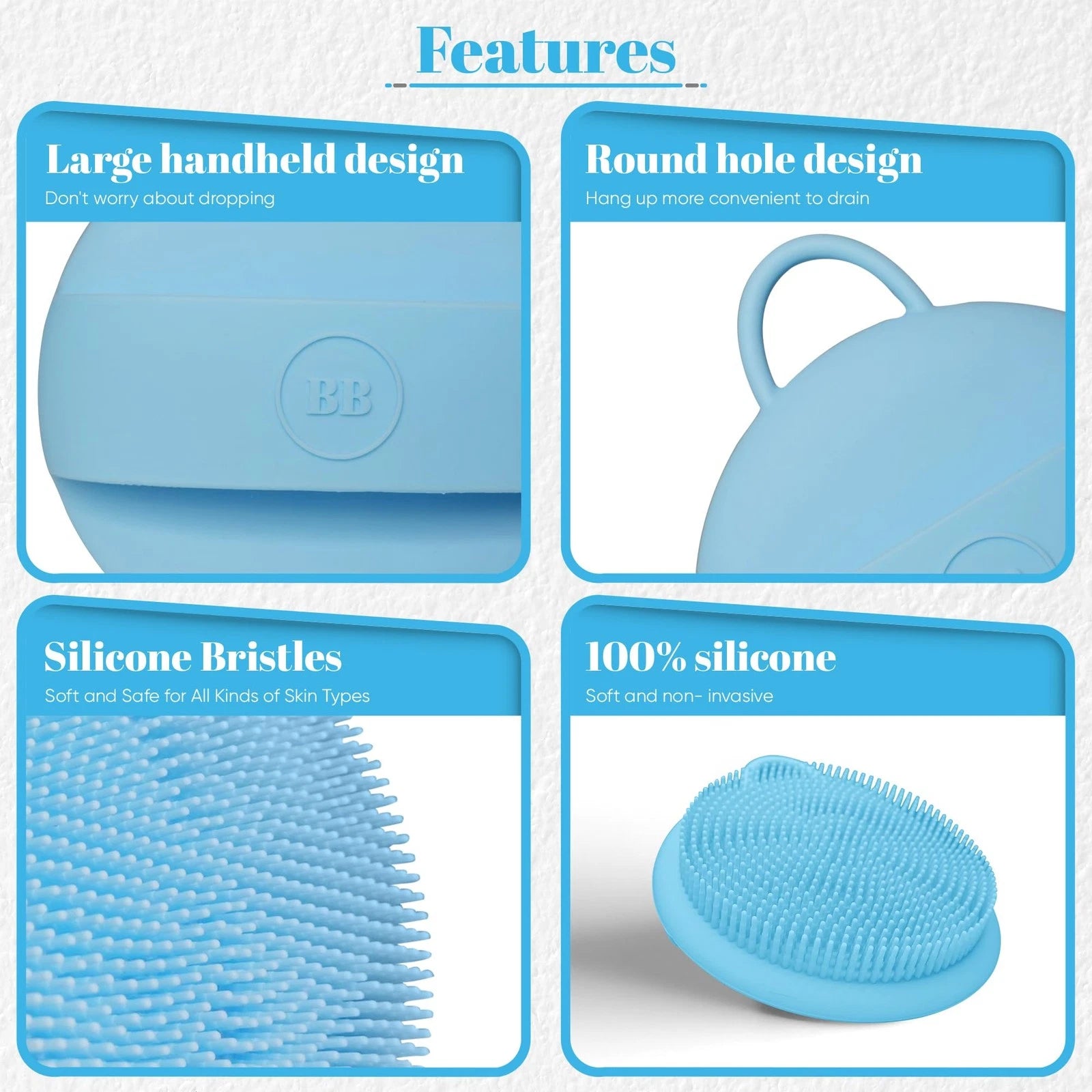 Silicone Scrubber - Blue Exfoliating Body Scrubber with Handle, Shower Brush ...