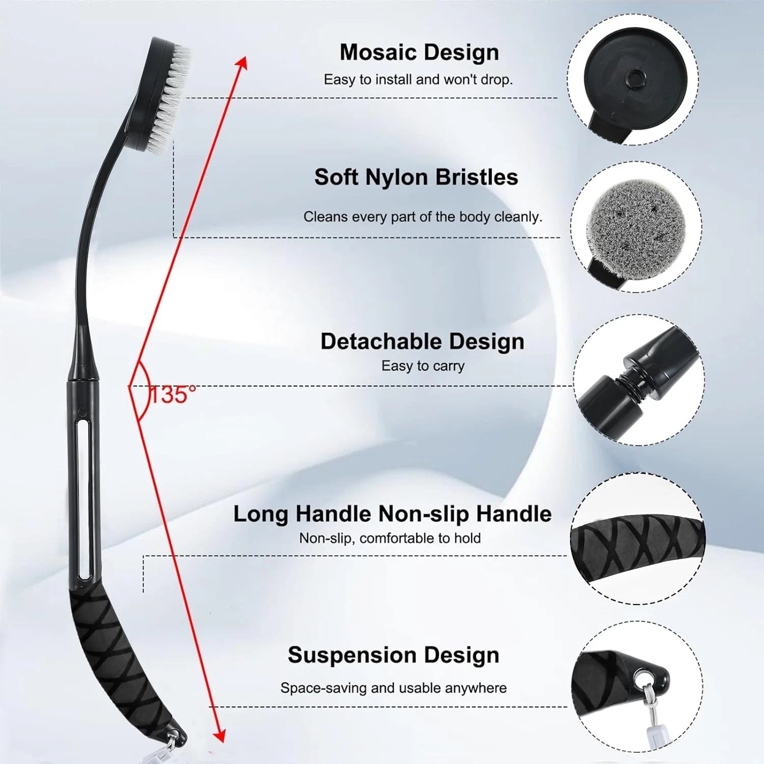 Back Scrubber for Shower, 20.5" Long Handle Bath Brush – Black