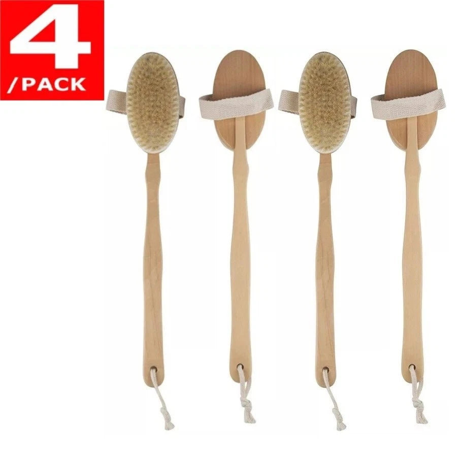 4 Back Body Shower Bath Brush Soft Natural Bristles Wood Long Handle Removable.