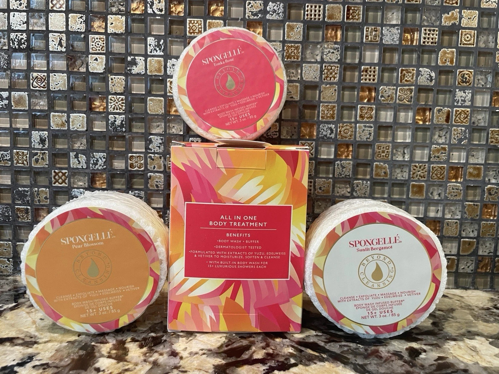 Spongelle Set 3 Body Wash Infused Buffer Sunlit Bergmot Pear Blossom Tonka Rose