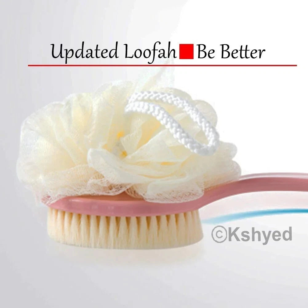 Bath Body Brush Soft Bristles & Loofah Back Scrubber Plastic Handle (1 Pack) New