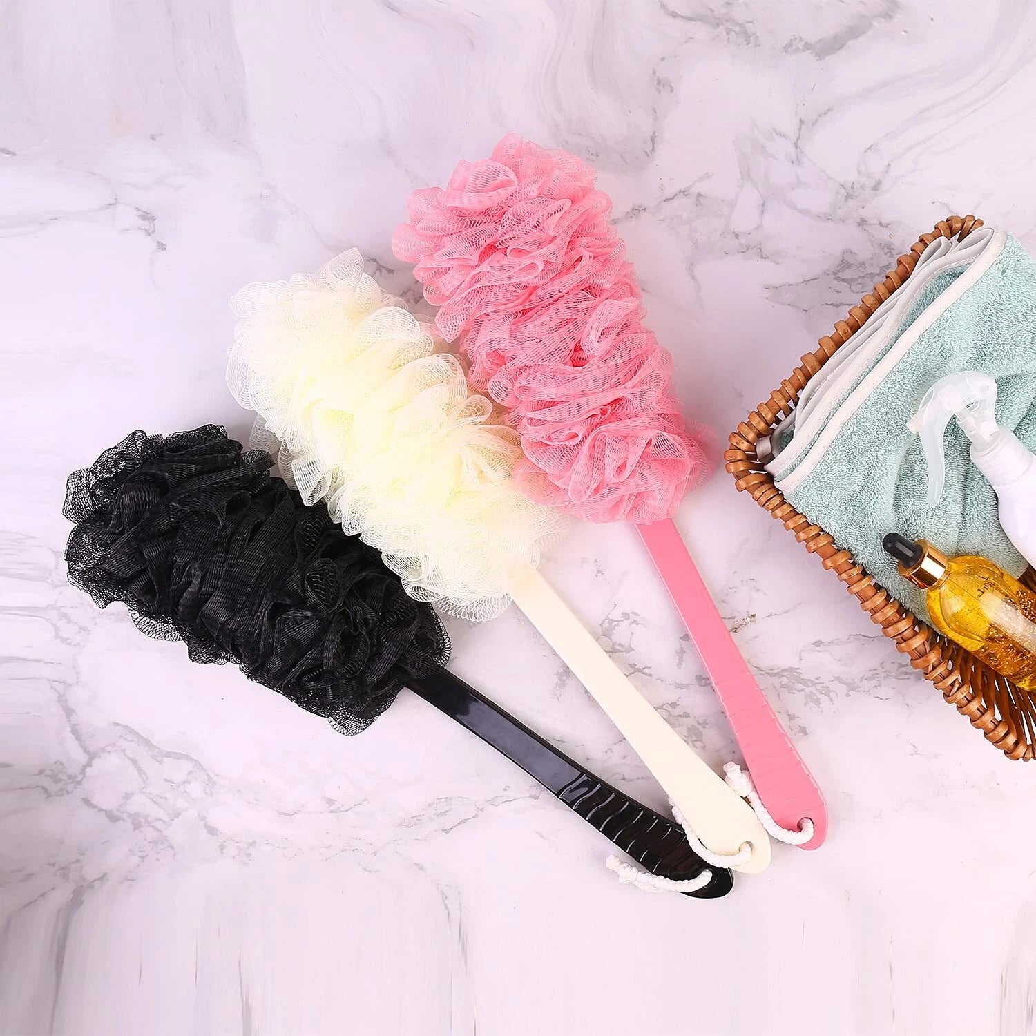 Back Scrubber Brush Long Handle for Shower, Loofah On a Stick Sponge Back Bru...