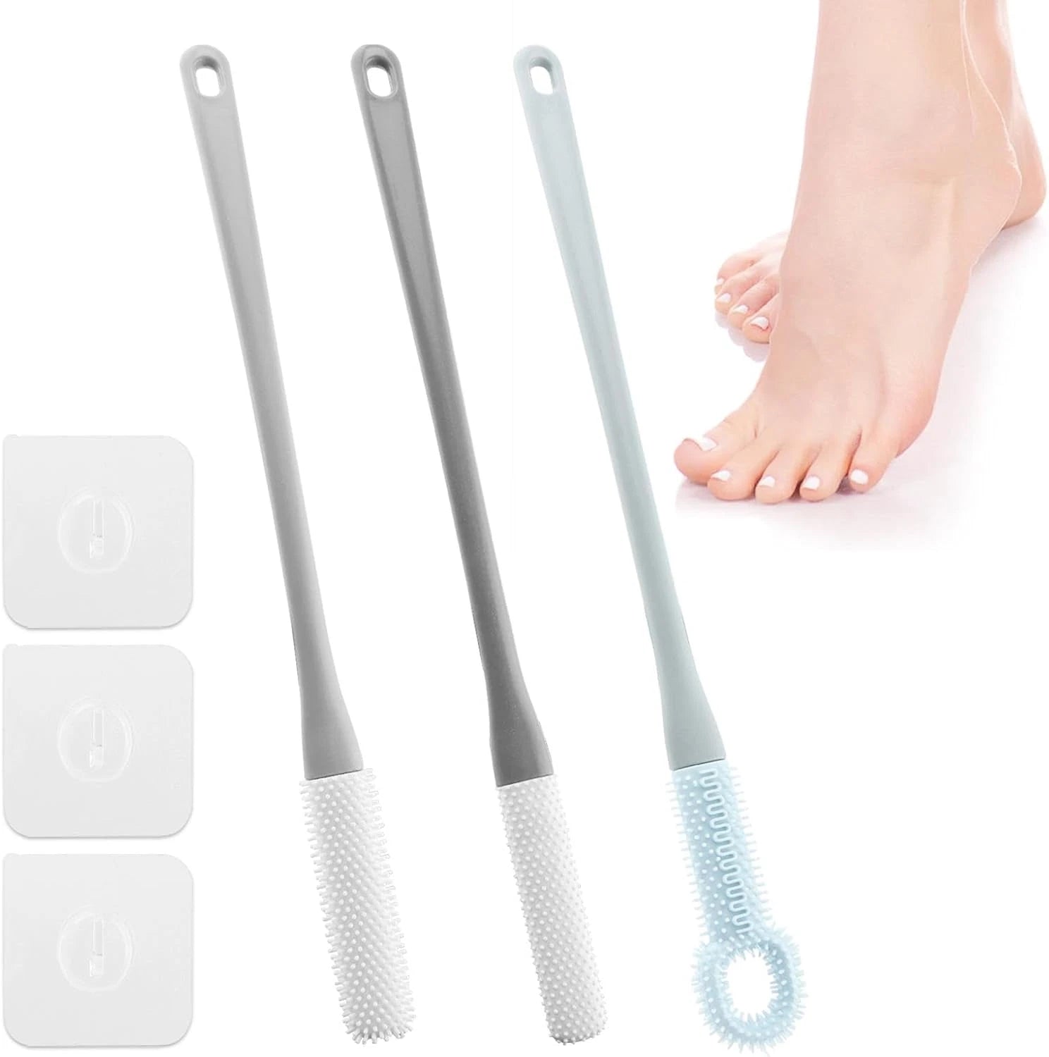 3 Pack Toe Scrubber Brush,With 15.75 Long Handle Silicone Shower Foot Scrubber,