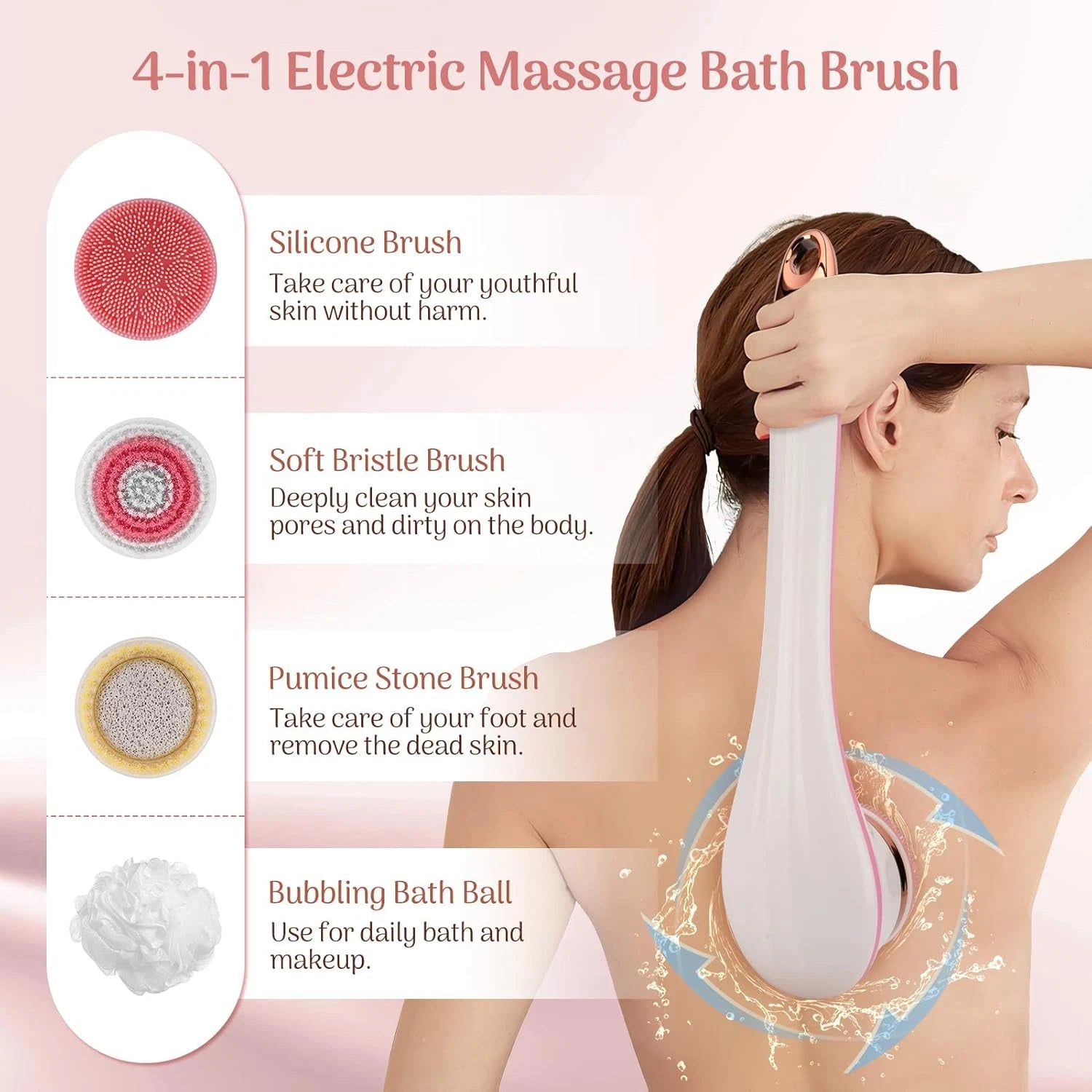 Electric Body Brush for Exfoliating and Massage, Long Handle Electric Bath Brush