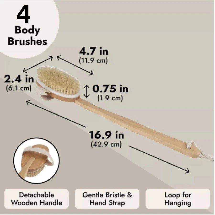 4 Back Body Shower Bath Brush Soft Natural Bristles Wood Long Handle Removable.