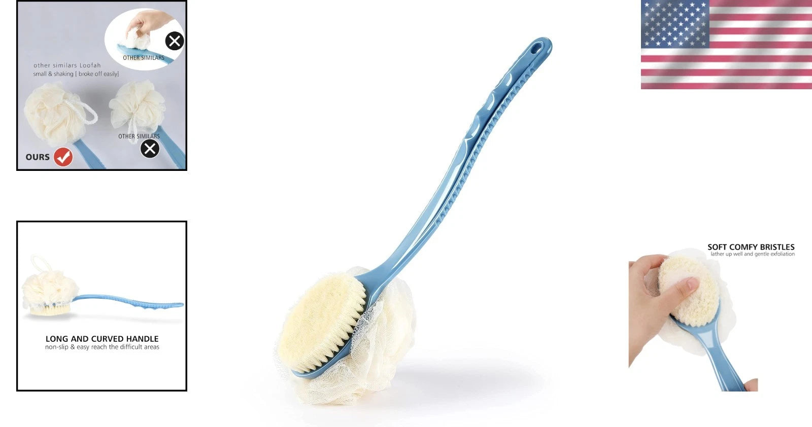 Elegant 2-in-1 Shower Body Brush – Bristle & Loofah with Long Curved Handle