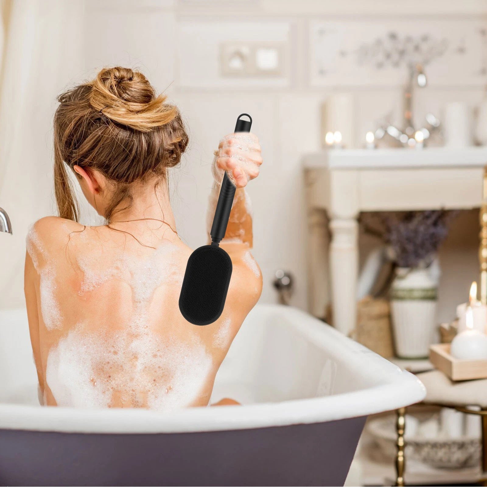 Telescopic Back Bath Scrubber Anti-Slip Silicone Body Brush, Adjustable Handle