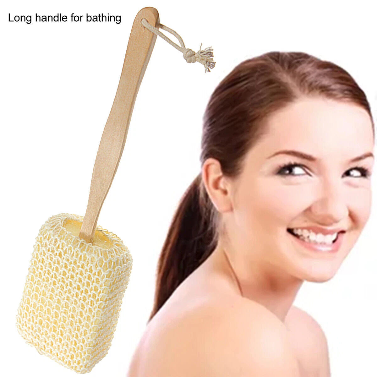 Sisal Brush Long Handled Wooden Loofah Back Scrubber Spa Body Sponge Shower Bath
