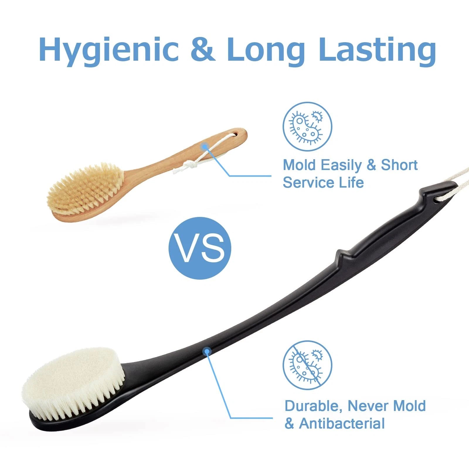 Exfoliating Shower Brush Bath Body Brush Never Mold Back Brush Long Handle fo...