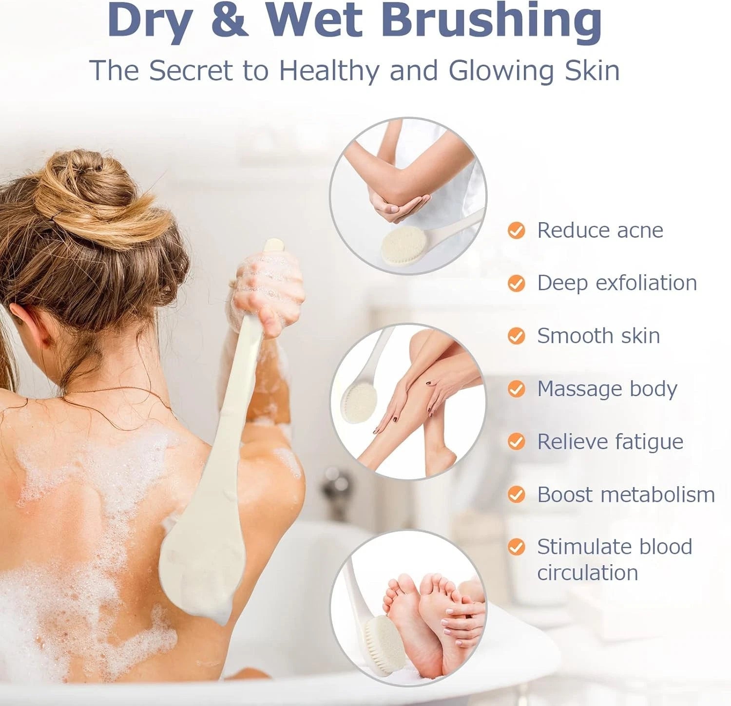 Body Brush Back Scrubber, 17 in Never Mold Back Brush Long Handle for Shower, Ex