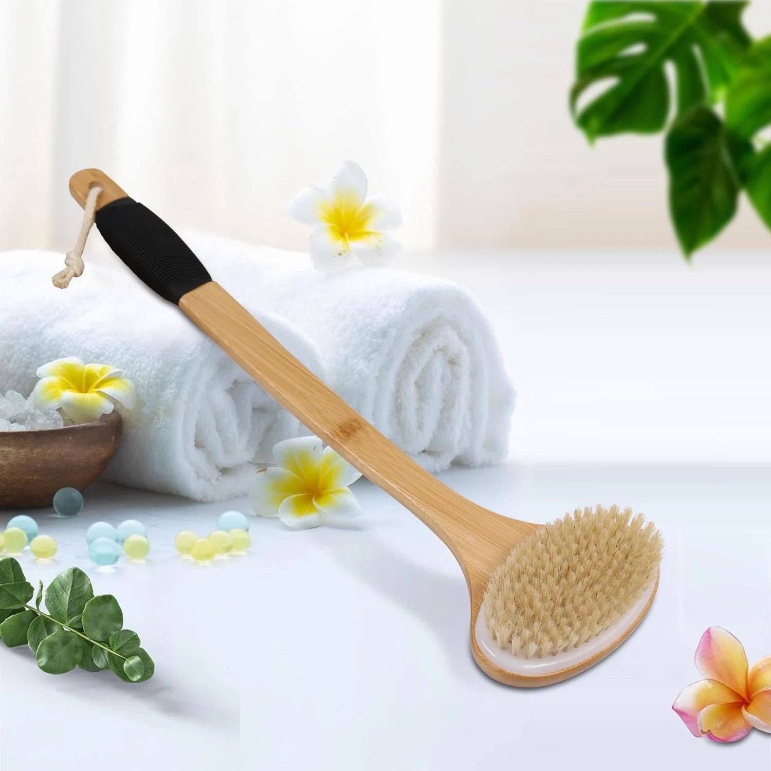 Back Scrub Brush for Shower,Stiff Boar Bristles Bamboo Curved Long Handle Antisk