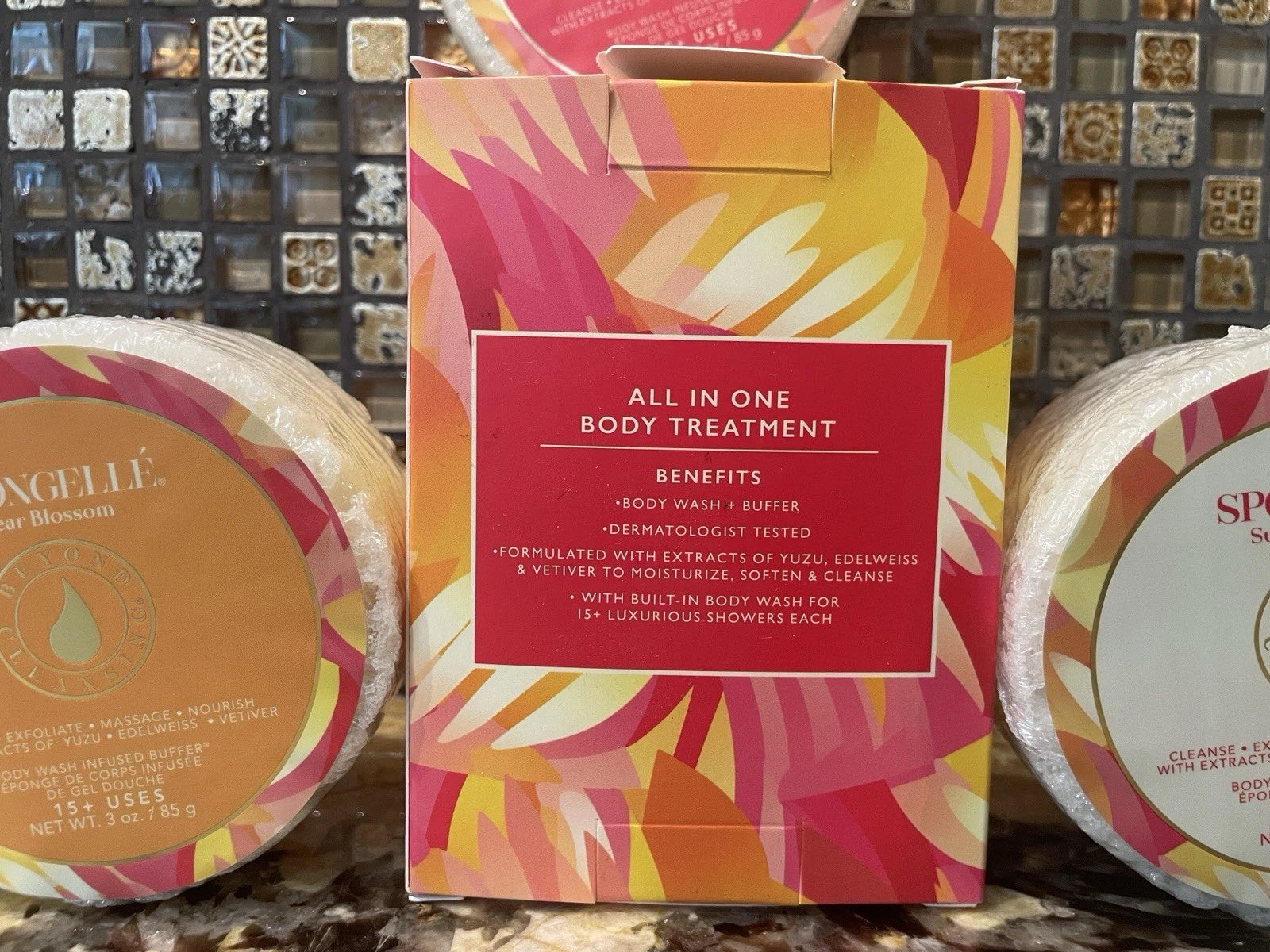 Spongelle Set 3 Body Wash Infused Buffer Sunlit Bergmot Pear Blossom Tonka Rose