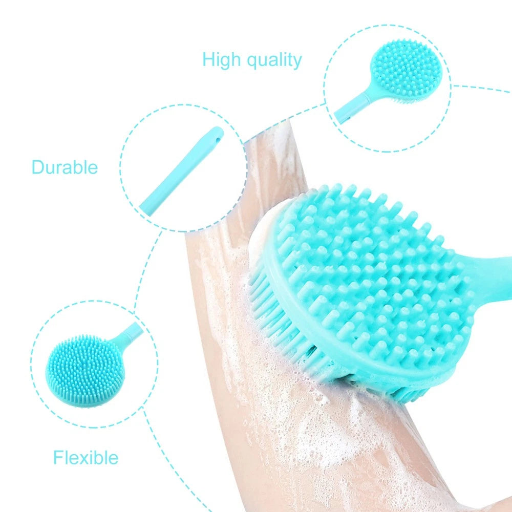 Double-Sided Silicone Body Scrubber Bath Shower Body Brush with Long Handle