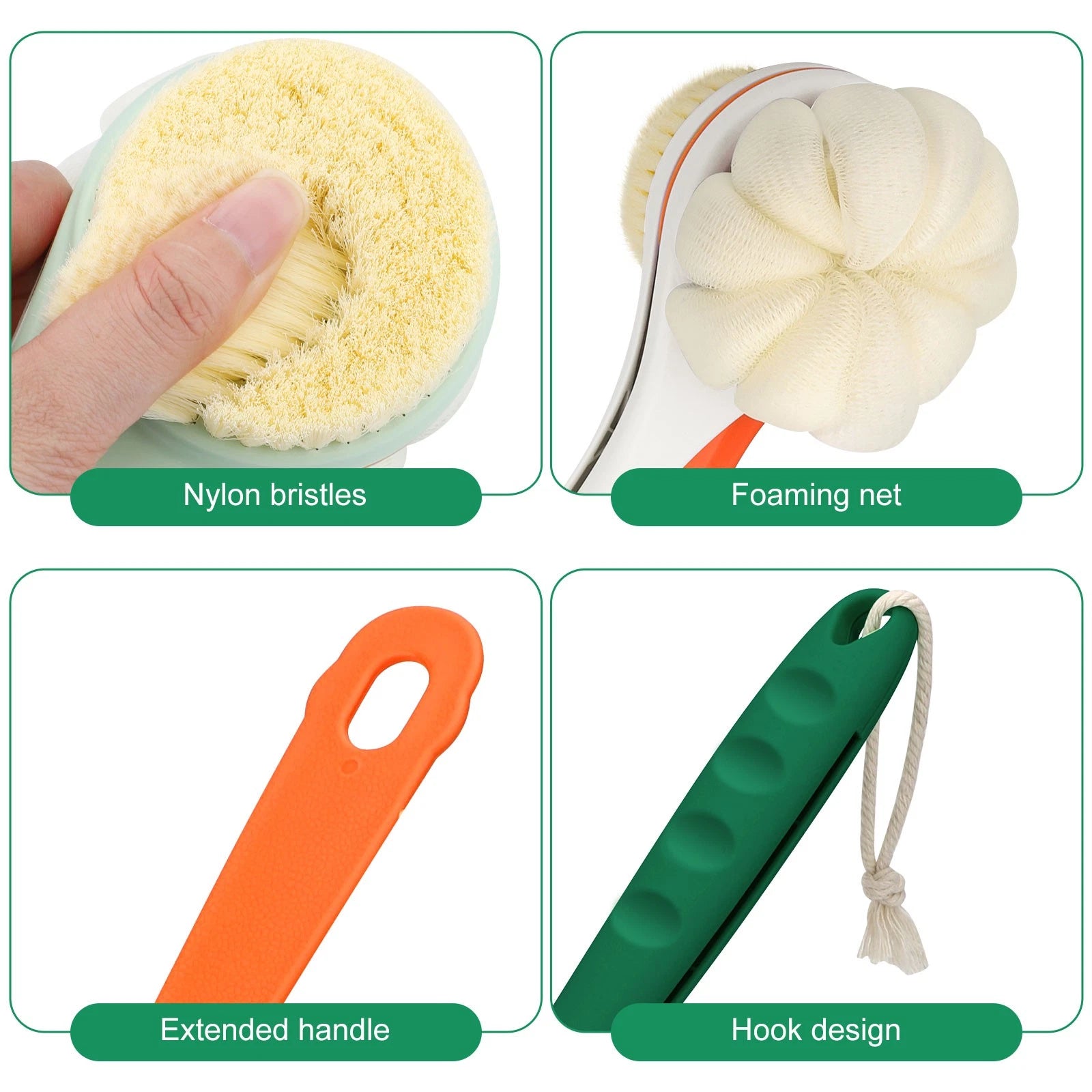 2-in-1 Long Handle Bath Brush 360° Extendable Soft Bristle Back Shower Scrubber