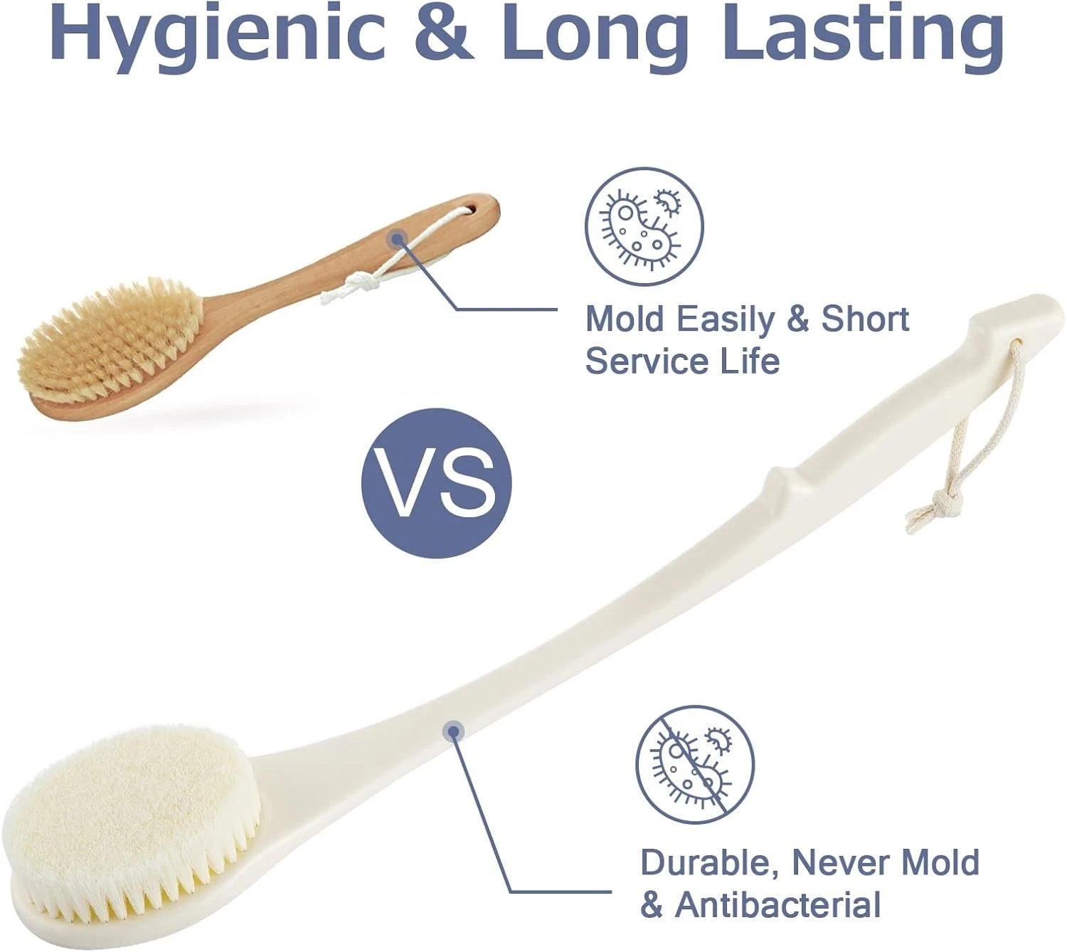 Body Brush Back Scrubber, 17 in Never Mold Back Brush Long Handle for Shower, Ex