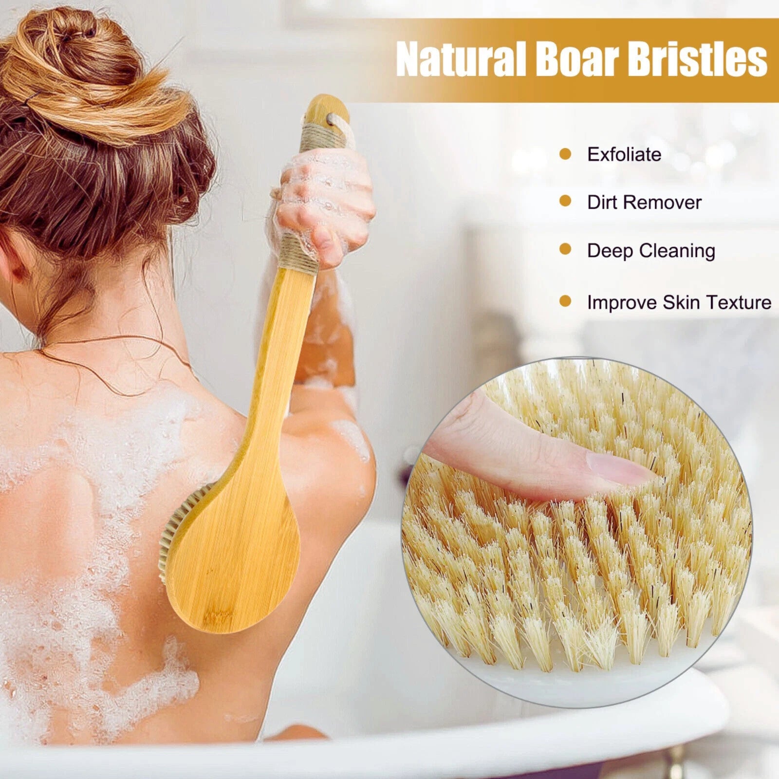 Long Handle Bath Brush Natural Bristles Body Back Shower Washing Scrubber