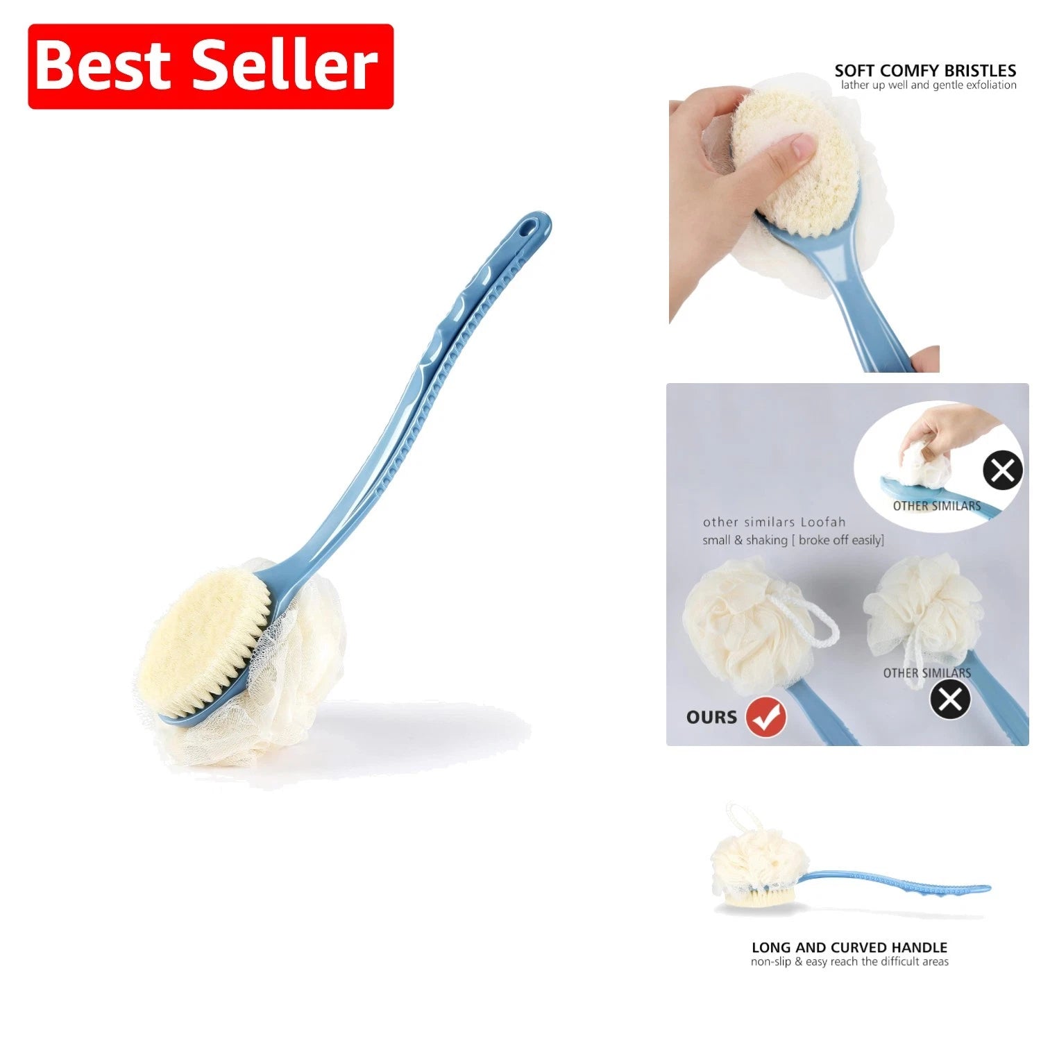 Elegant 2-in-1 Shower Body Brush – Bristle & Loofah with Long Curved Handle