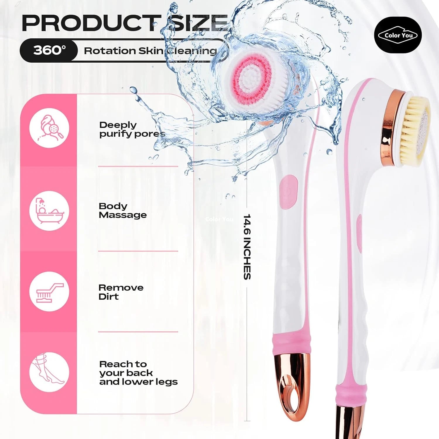 Electric Body Brush for Exfoliating and Massage, Long Handle Electric Bath Brush