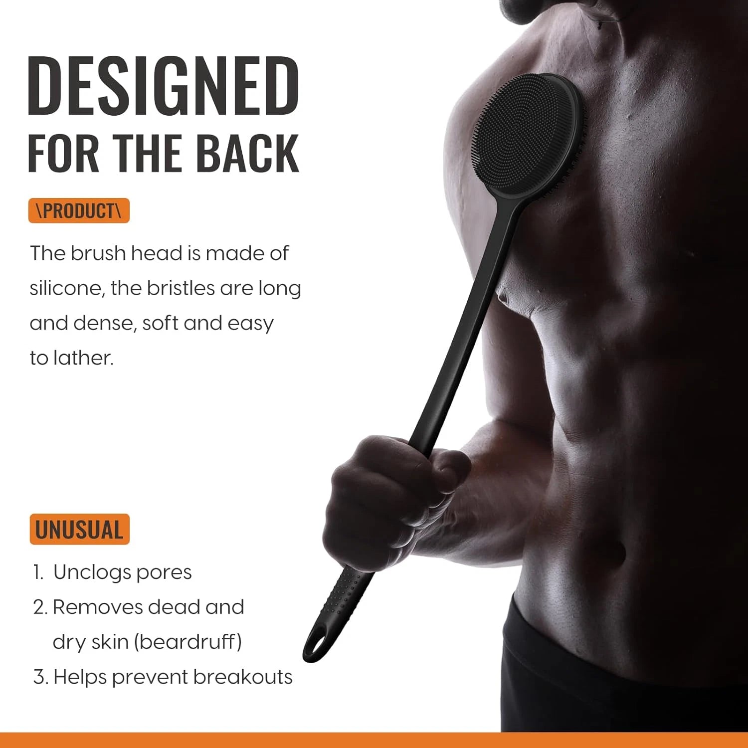 Silicone Back Scrubber for Shower, 17In Lengthen Long Handle Body Brush, Double