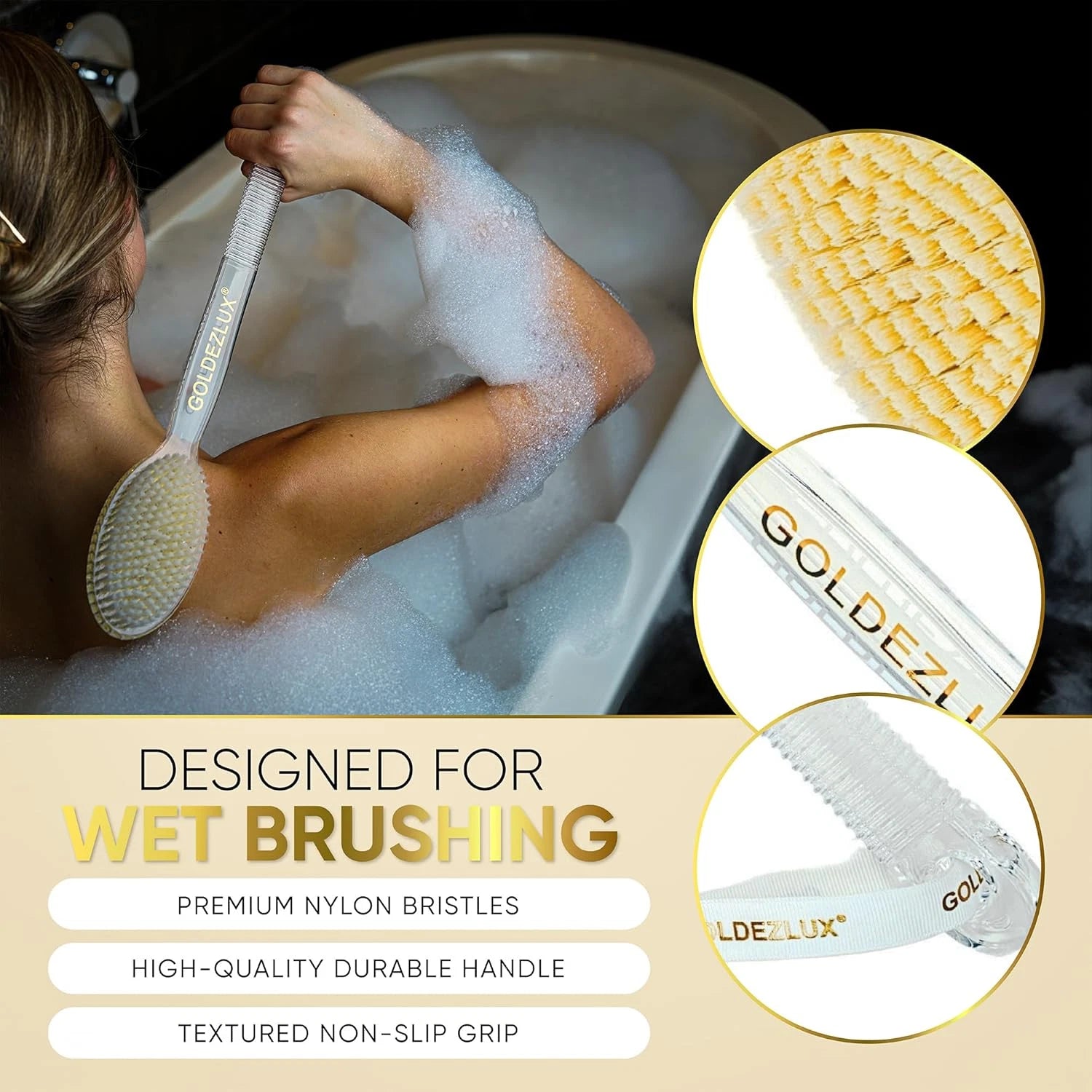 GOLDEZLUX® Body Brush Dual-Sided Shower Brush Back Scrubber, Premium Medium Soft