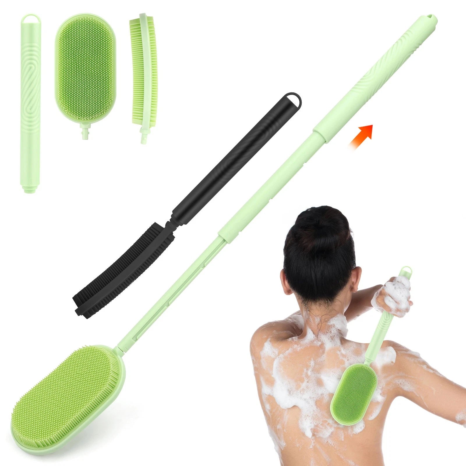 Telescopic Back Bath Scrubber Anti-Slip Silicone Body Brush, Adjustable Handle