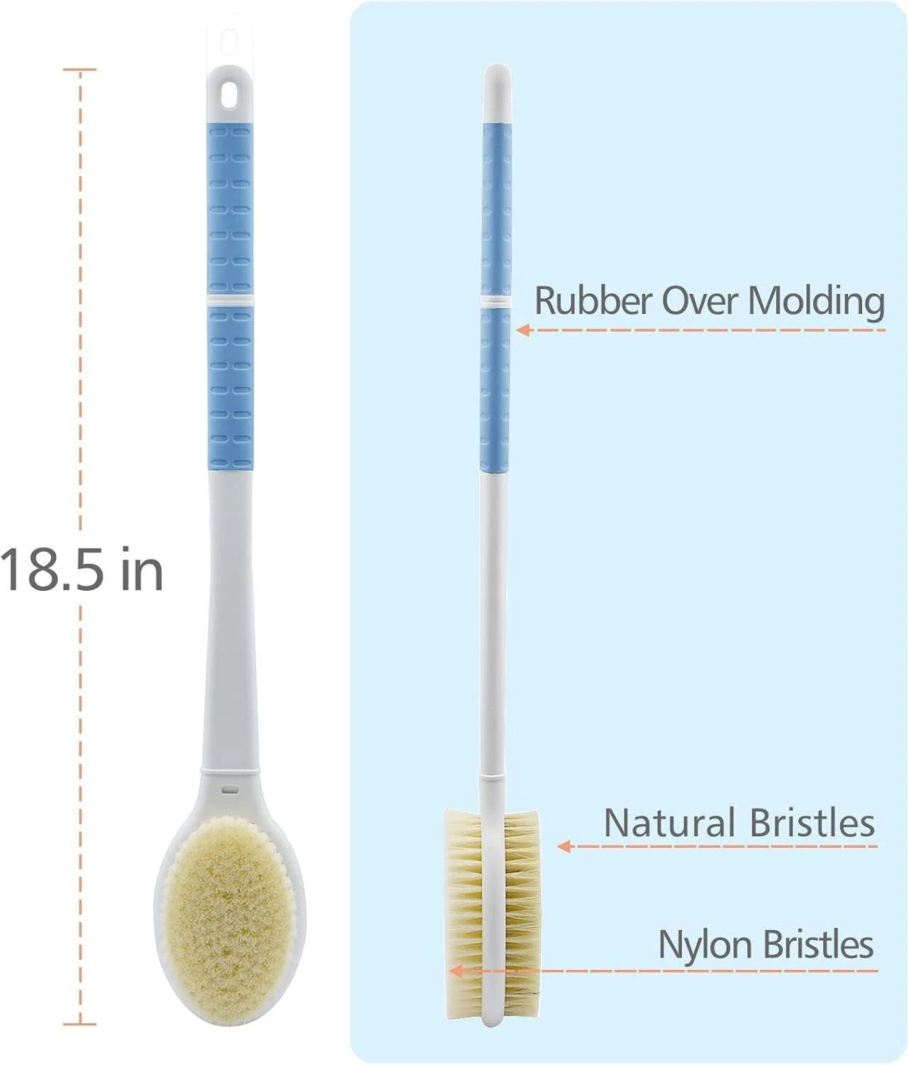 Shower Brush with Soft and Stiff Bristles,18.5" Long Handle Dual-Sided Back S...