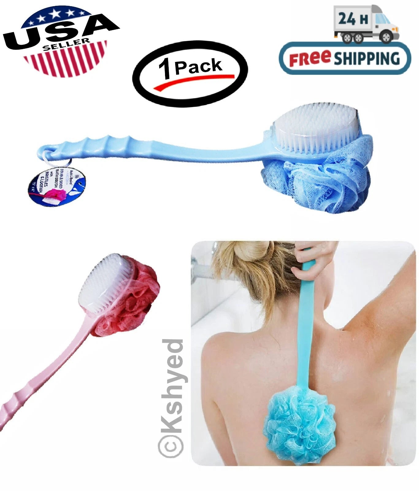 Bath Body Brush Soft Bristles & Loofah Back Scrubber Plastic Handle (1 Pack) New