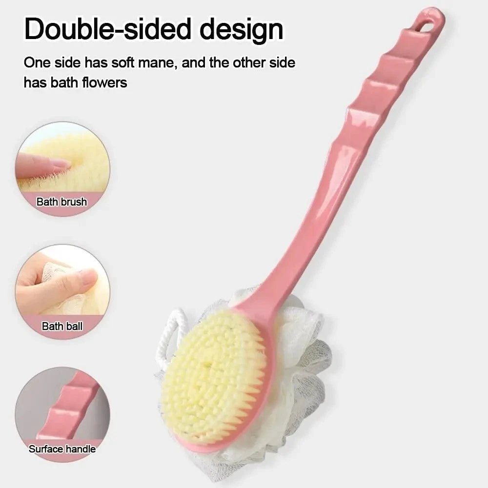 2in1 Long Handled Bath Shower Brush Bristles Exfoliation Cleansing Back Scrubber