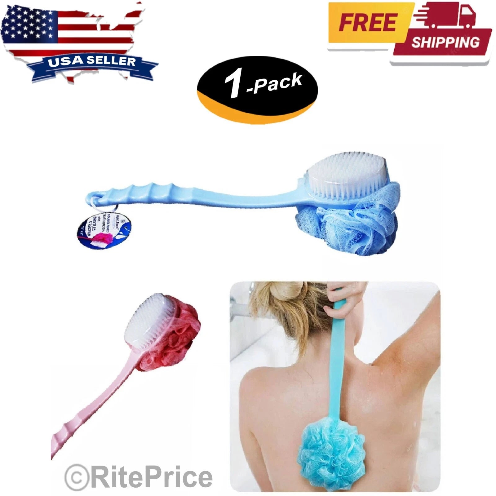 Bath Body Brush Soft Bristles & Loofah (1 Pack) Back Scrubber Plastic Handle-New