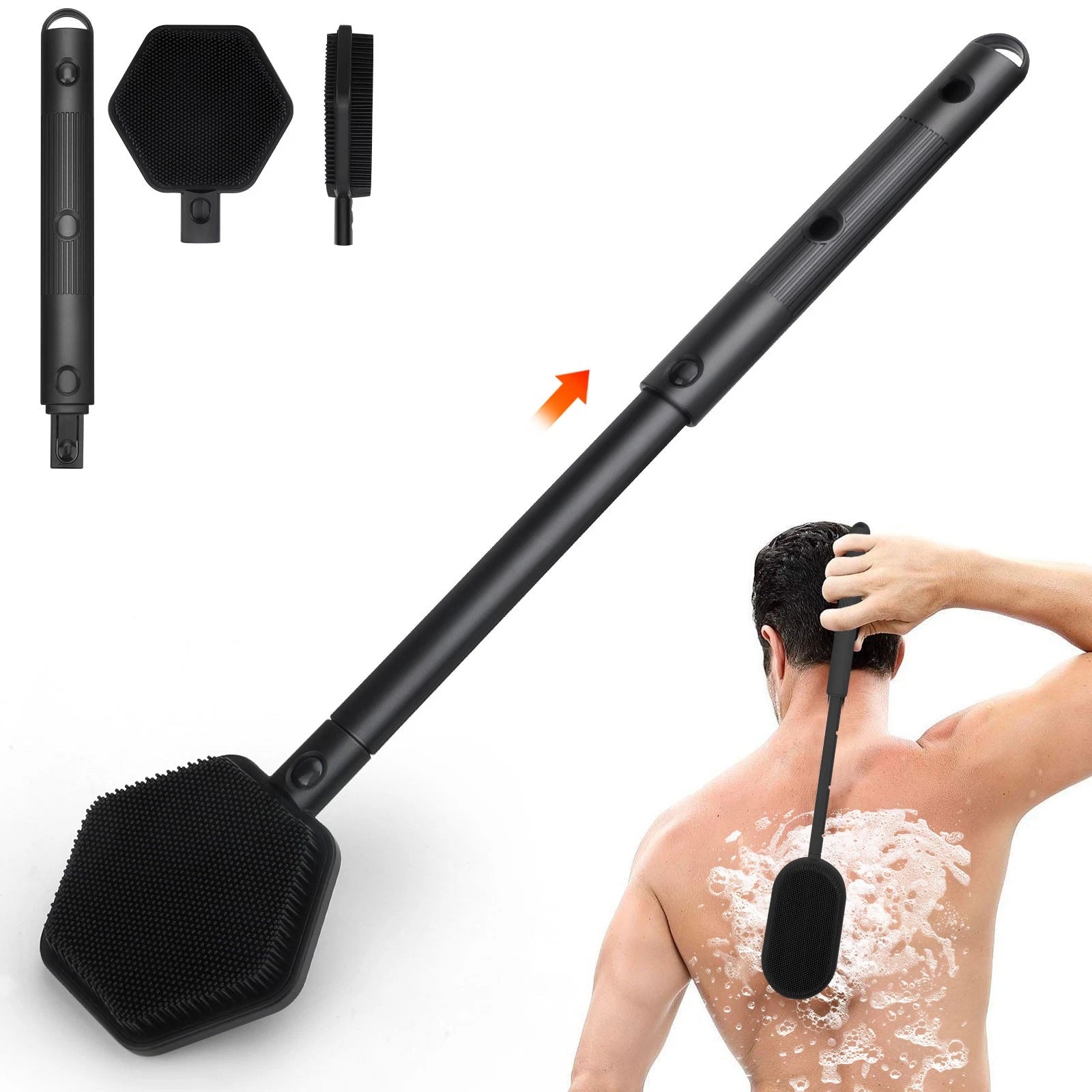 Hexagonal Telescopic Silicone Back Scrubber, Adjustable Long Handle Bath Brush