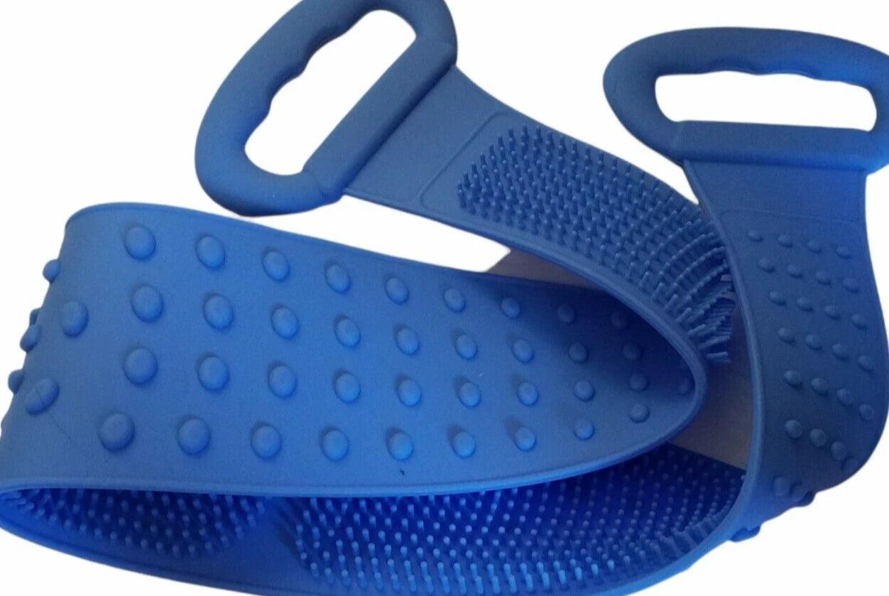 Dual Sided Silicone Bach Scrubber Body Bath Belt Massage Brush Shower 31" Blue