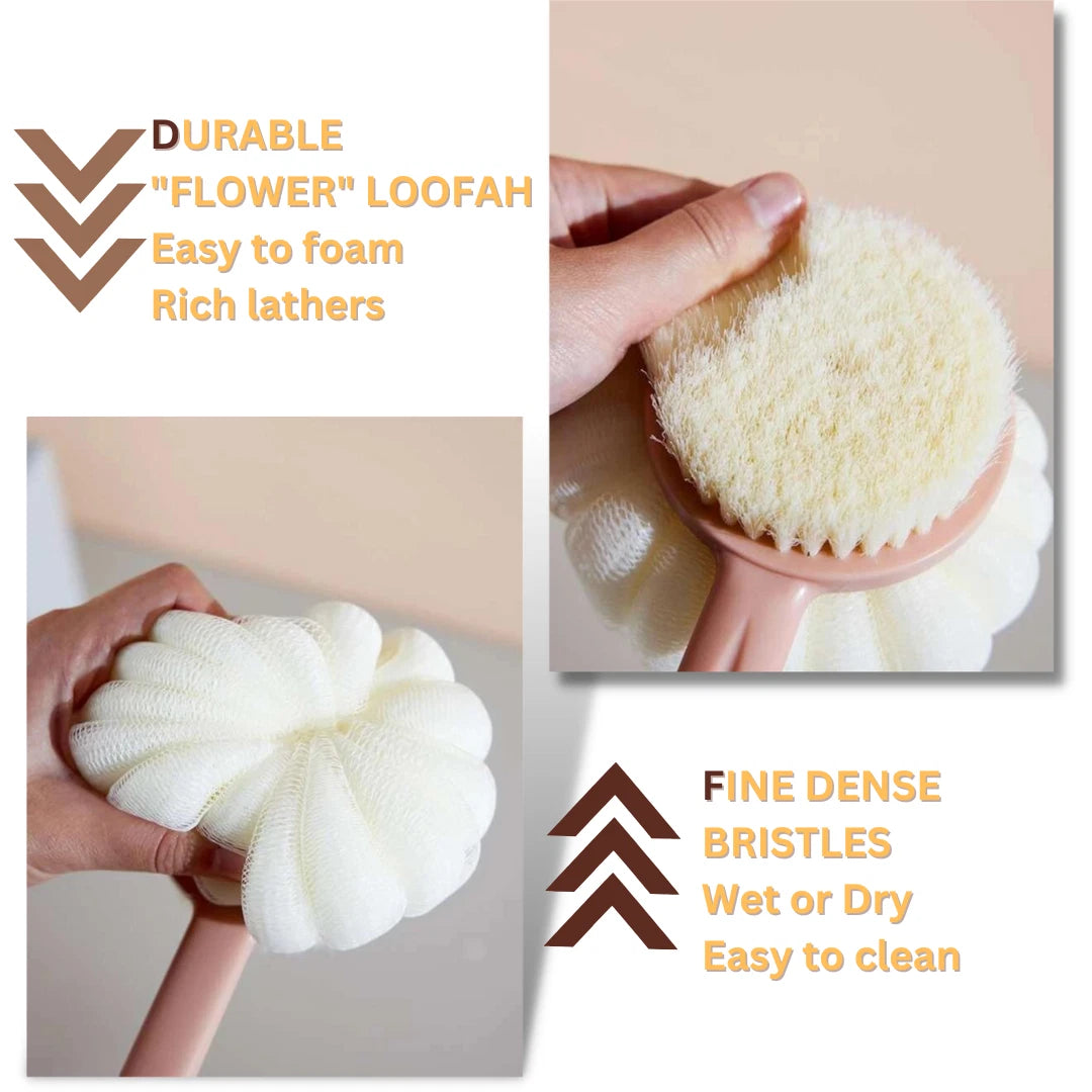 Shower Body Brush with Bristles and Loofah,Back Scrubber Bath Mesh Sponge 2 IN 1