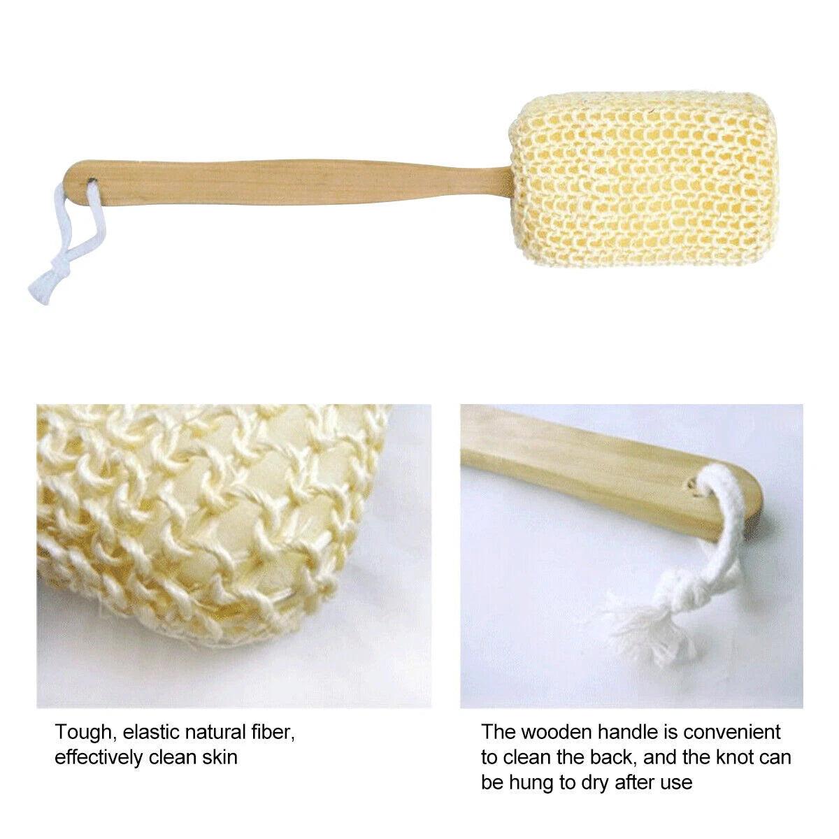 Sisal Brush Long Handled Wooden Loofah Back Scrubber Spa Body Sponge Shower Bath