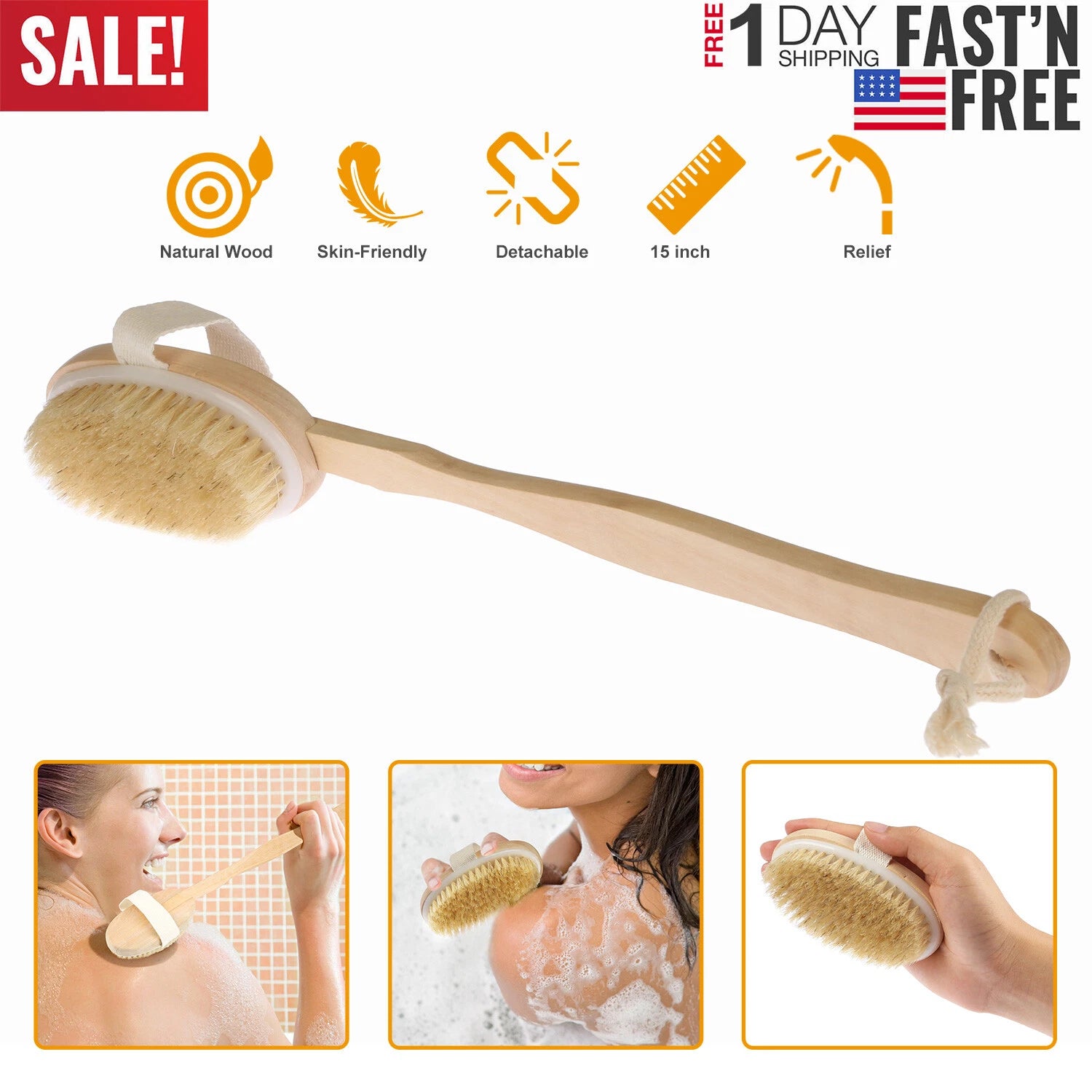 Natural Wooden 15" Bath Shower Body Back Brush Spa Scrubber With Long Handle US