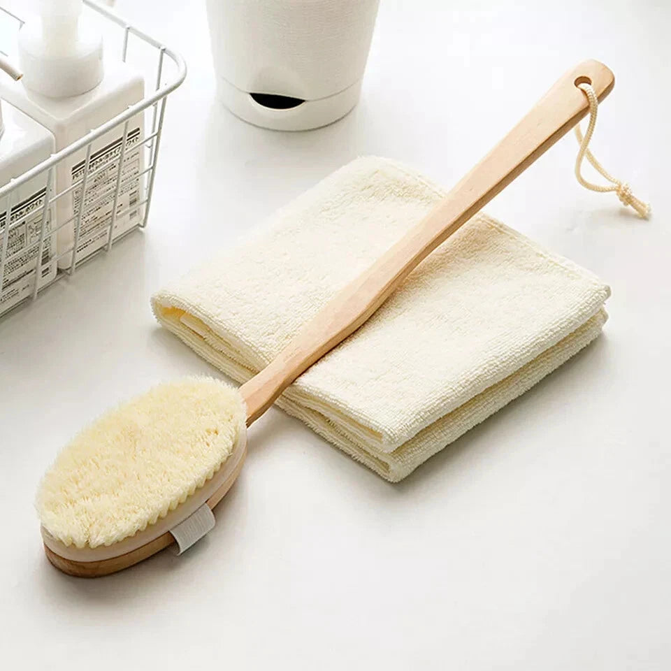Shower Body Brush Extra Long Handle Natural Wooden Bath Back Massage Scrubber