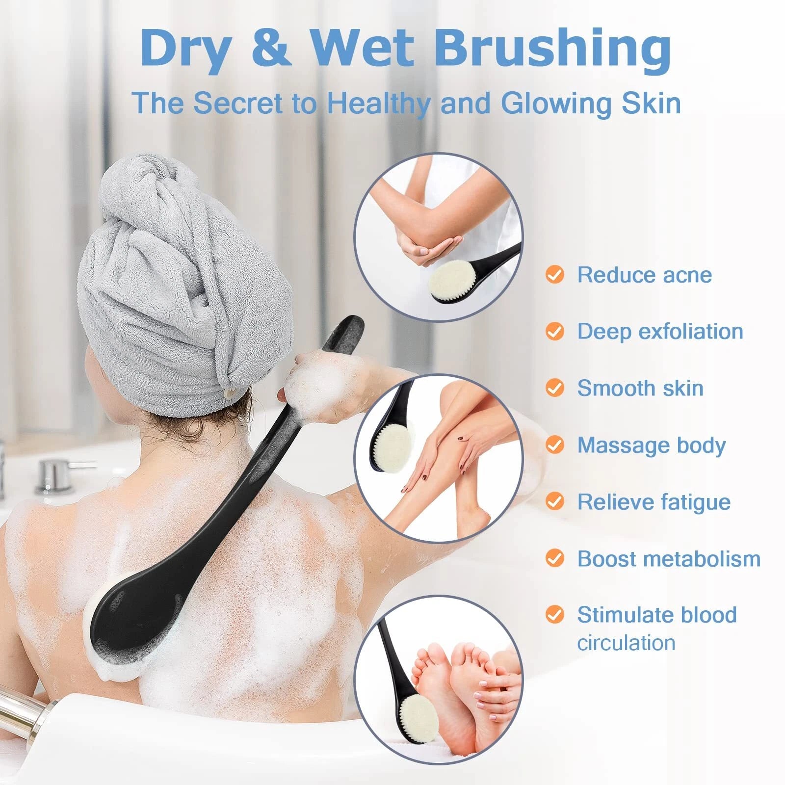 Exfoliating Shower Brush Bath Body Brush Never Mold Back Brush Long Handle fo...