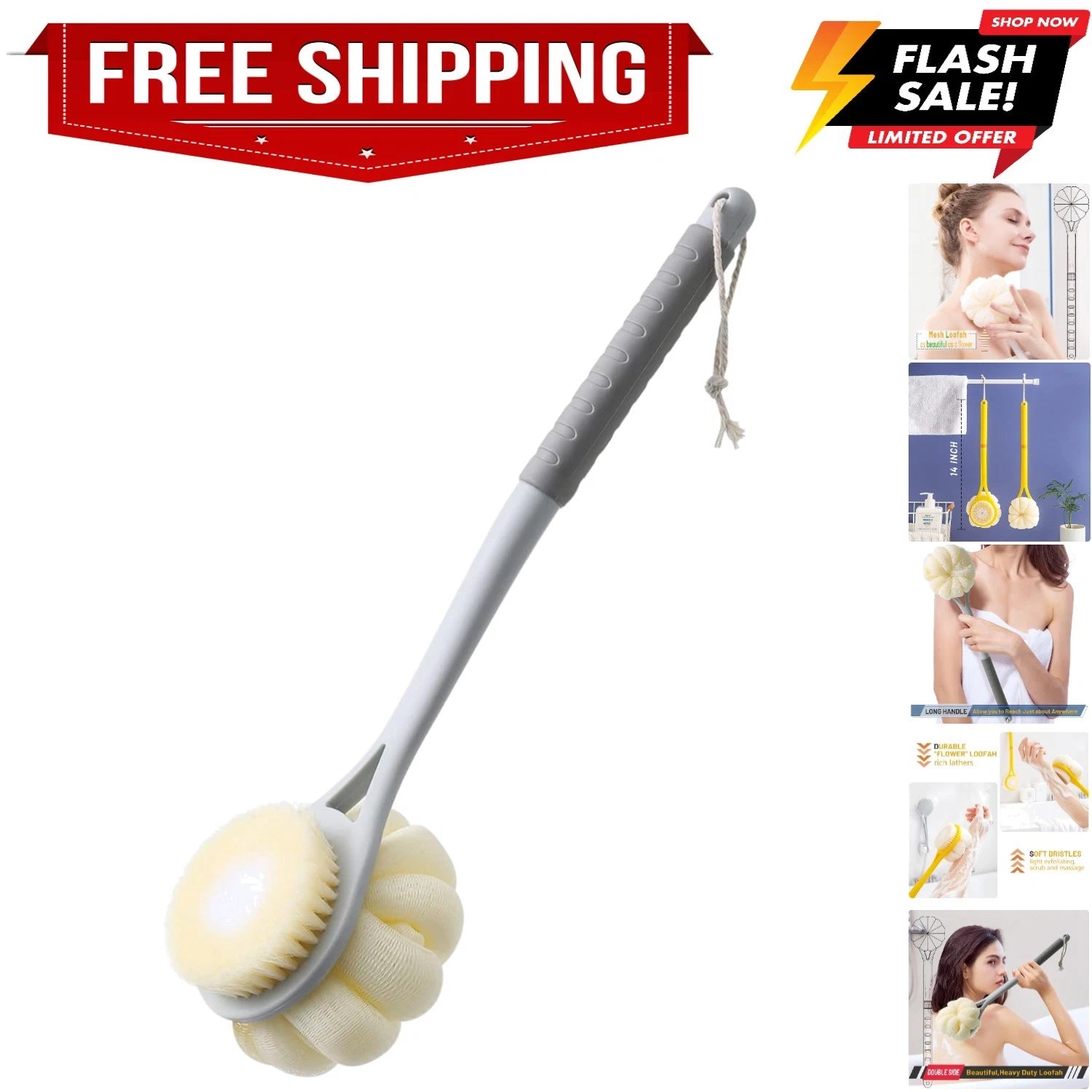 Shower Body Brush,Soft Bristles and Beautiful Pumpkin Loofah 14” Long Handle ...