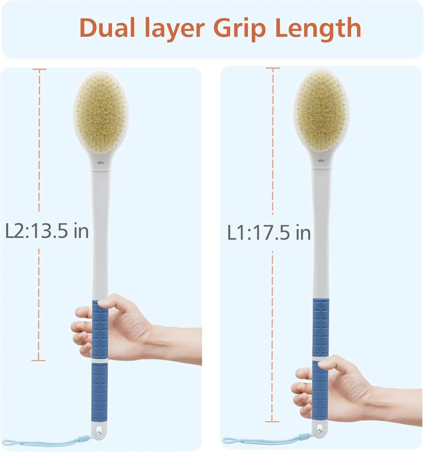 Shower Brush with Soft and Stiff Bristles,18.5" Long Handle Dual-Sided Back S...