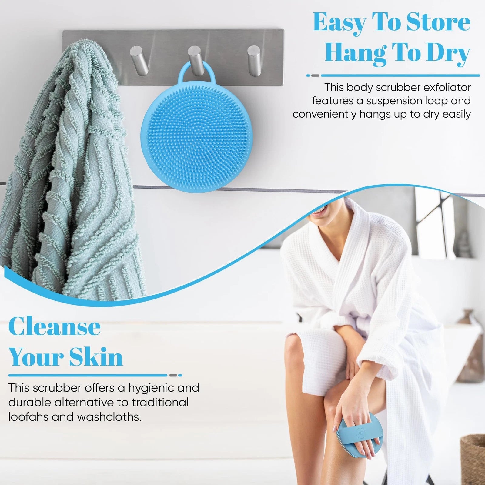 Silicone Scrubber - Blue Exfoliating Body Scrubber with Handle, Shower Brush ...