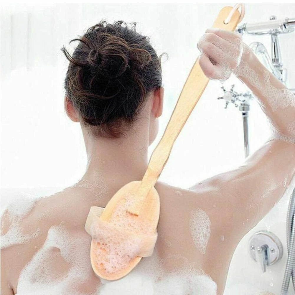 Durable Natural Long-Handled Bath Shower Body Back Dry Skin Spa Scrubber Brush H
