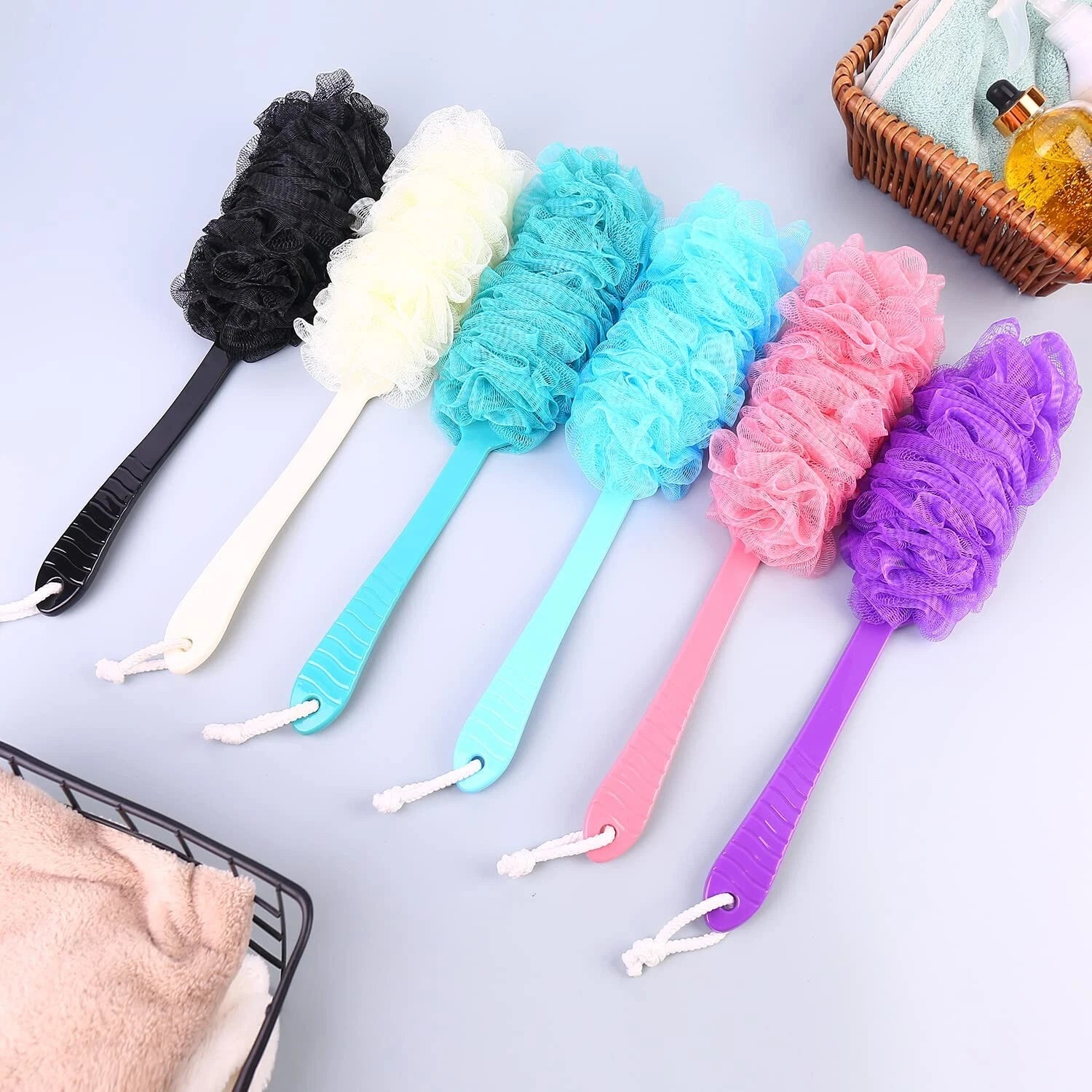 Back Scrubber Brush Long Handle for Shower, Loofah On a Stick Sponge Back Bru...